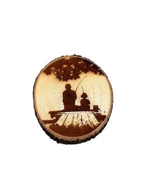 Father and Son Fishing Rustic Wood Slice Wall Art